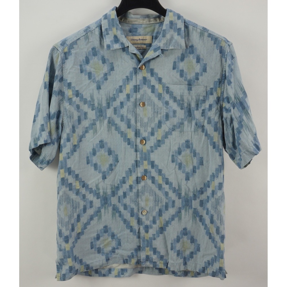Tommy Bahama Silk Blue Green Southwestern Geometric Camp Shirt Men's Medium